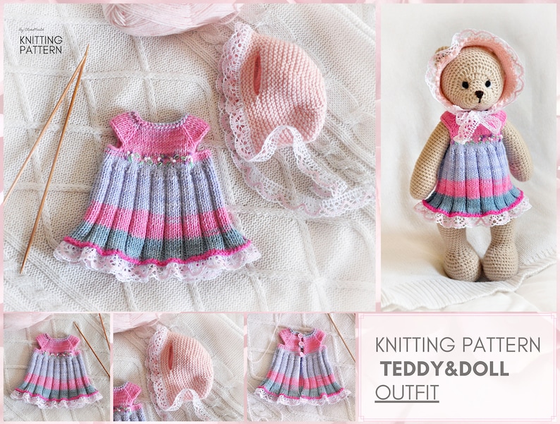 May include: Knitting pattern for a teddy bear and doll outfit. The outfit is pink, purple, and gray with white lace trim. The pattern includes instructions for a dress, hat, and shoes.