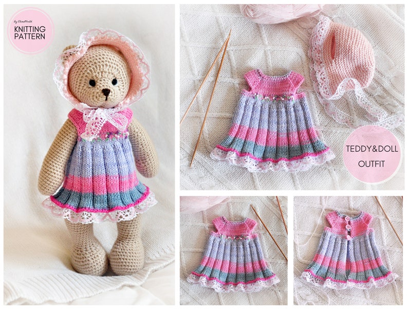 May include: A crocheted teddy bear wearing a pink and purple dress with a white lace trim. The bear is also wearing a pink crocheted hat with a white lace trim. The dress and hat are part of a knitting pattern for a teddy bear and doll outfit.