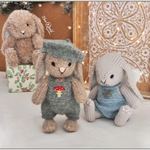 Modello di vestiti giocattolo lavorato a maglia vestito da coniglietto Amigurumi. Salopette e Berretto.