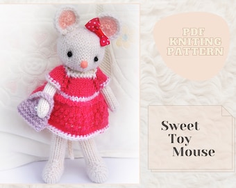 Toy knitting pattern for White Mouse with a cute dress