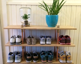 Industrieel schoenenrek (eiken & koper) 2, 3 of 4 planken (Wordt niet verzonden/No Shipping!)