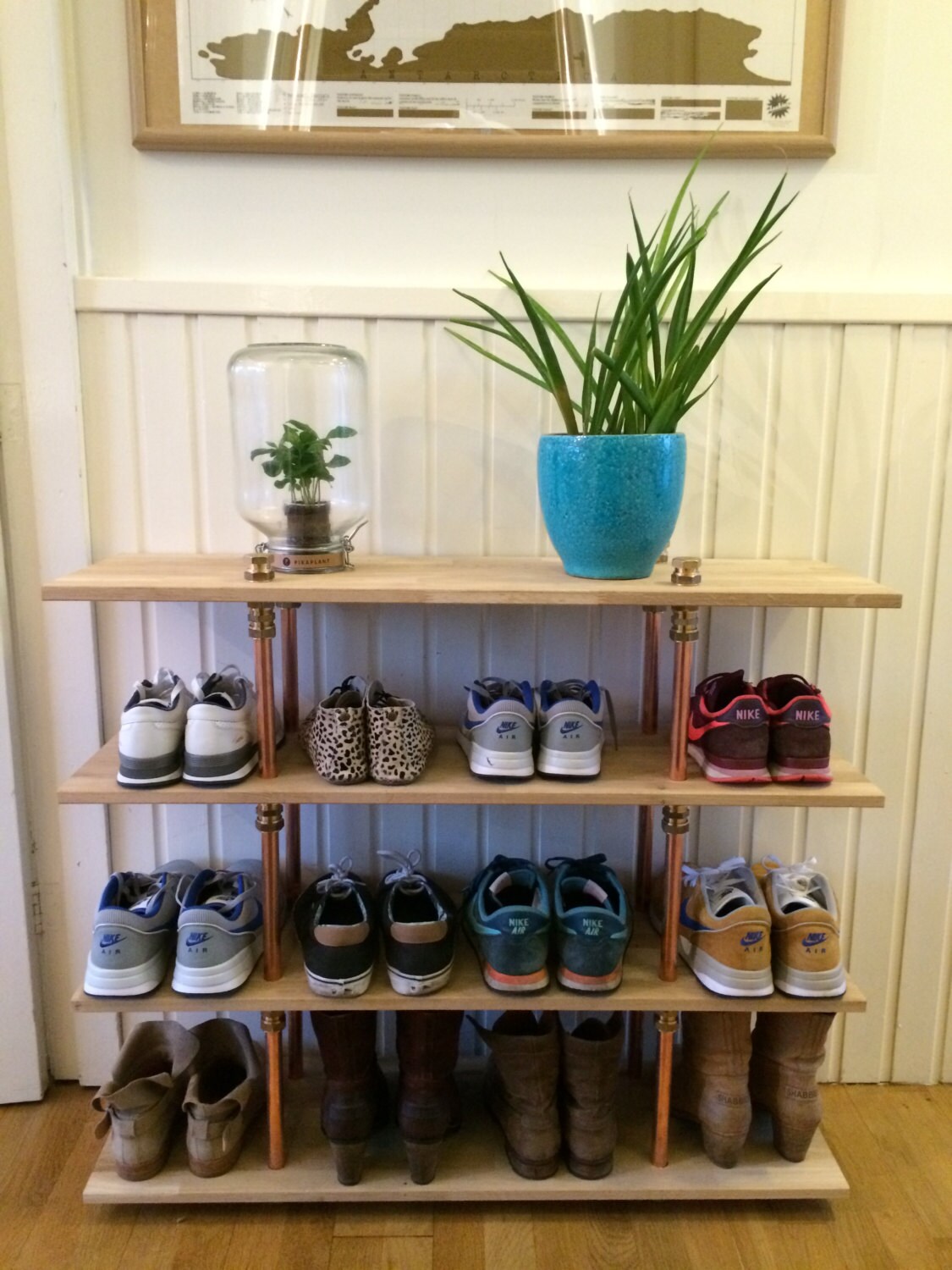 industrial shoe rack on Industrial Shoe Rack Oak Copper 2 3 Or 4 Shelves Not Etsy