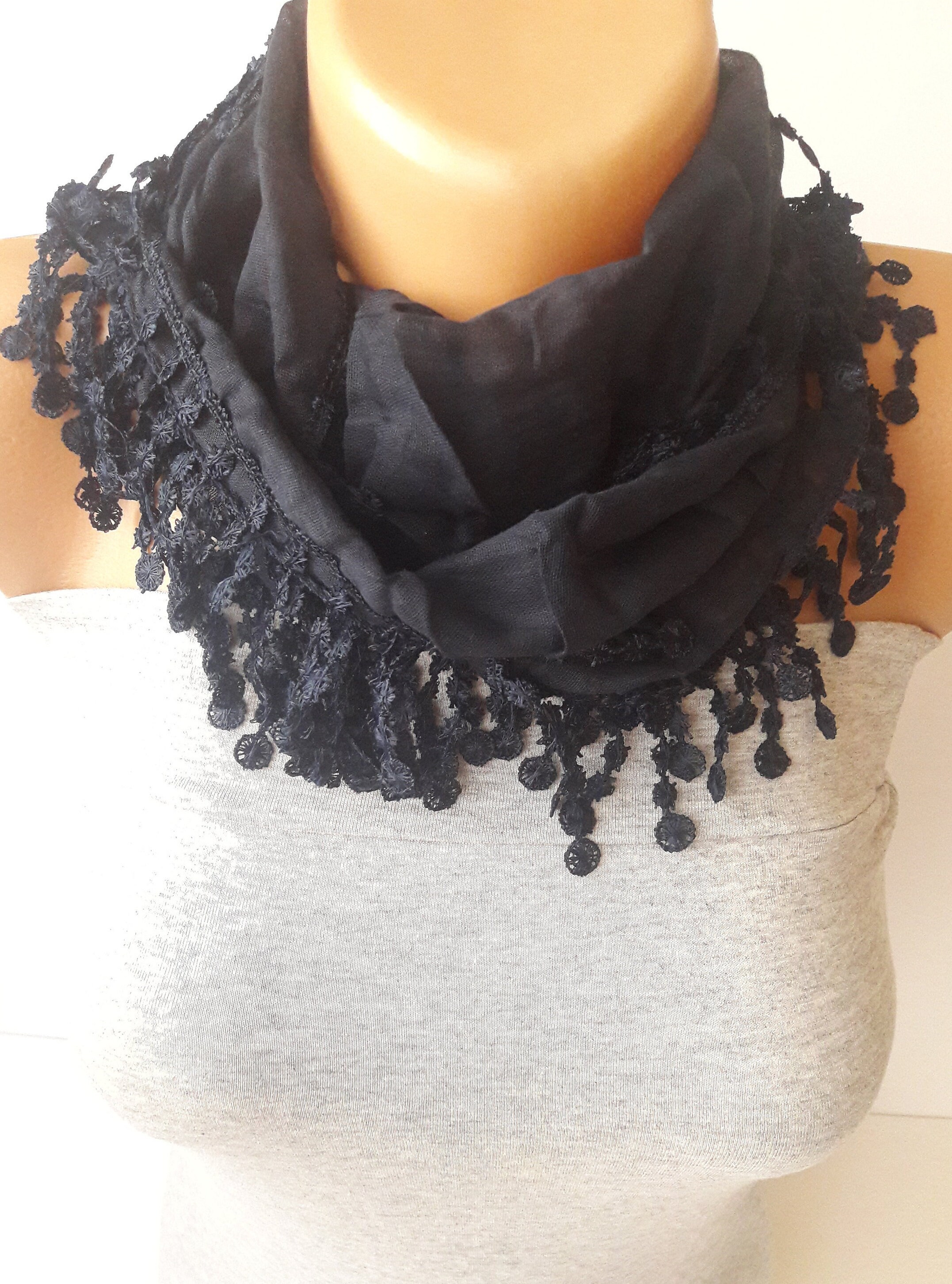 Black Cotton Scarf Black Cotton with Lace Trim Scarf Gift Etsy