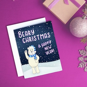 Beary Christmas & Happy New Year Card - Carte de Noël drôle - Carte de Noël ours polaire - Jeux de mots ours - Cartes de Noël mignonnes - Ours polaires