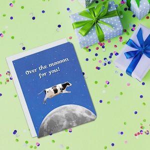 Over The Moooon For You - Carte de félicitations drôle - Carte drôle - Carte de mariage drôle - Carte de félicitations drôle - Carte drôle de nouvelle maison - Vaches