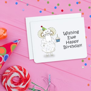 Carte d’anniversaire, souhaitant un joyeux anniversaire à la brebis, carte d’anniversaire drôle, jeu de mots, mouton, brebis, animal, carte vierge
