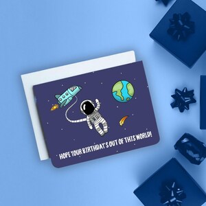 J’espère que votre anniversaire est hors de ce monde - Carte d’anniversaire - Carte spatiale - Carte astronaute - Jeu de mots - Carte d’anniversaire pour enfants - Carte vierge - Enfants