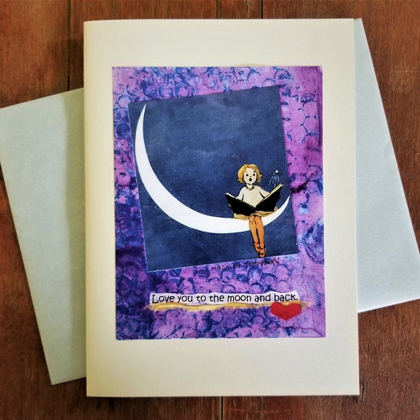 Love You to the Moon Greeting Card.  Anniversary Birthday Valentine Card. Cute Love Card. Child/Grandchild Card. BFF Card. Moon Stars Card
