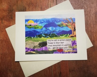 Adventure Mountain Greeting Card. Dr Seuss Quote. Mountain Collage Card. Moutain Climber's Hiker's Gift. Artistic Collage Card. Recycled Art