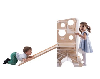 blue Torre di apprendimento//lavagna//seggiolone di Leea Toys con lavagna e scivolo