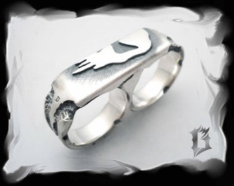 Skull two fingers ring, oxidized 925 sterling silver double ring | #600