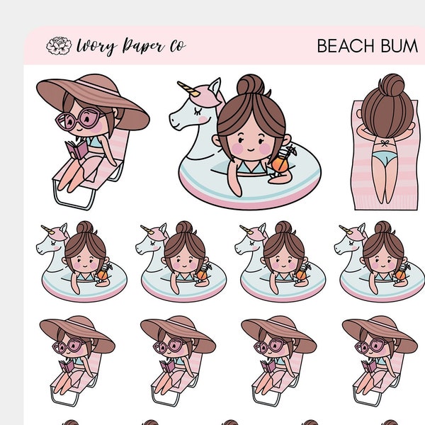 Beach Stickers, Hand-Drawn Pool Stickers, Swimming Stickers, Character Planner Stickers, Beach Stickers For Planners, Vacation Stickers