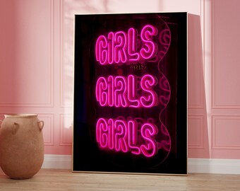 Neon Wall Art | GIRLS GIRLS GIRLS | Maximalist Wall Art | Disco Wall Art | Neon Sign | Quirky Art | Trendy Retro Poster | Girly Wall Art