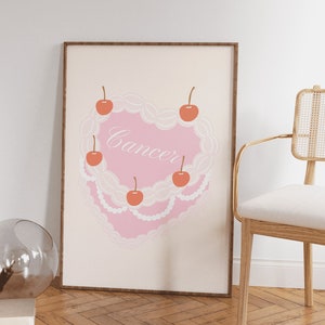 Krebs Baby Vintage Herzkuchen Kirschkuchen Vintage Kuchen Poster Sternzeichen Wandkunst Vintage Ästhetischer Kuchendruck