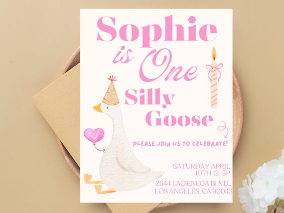 One Silly Goose Birthday Invitation Silly Goose Invite First Birthday Invite 1st Birthday Girl Birthday Evite Printable Editable Template