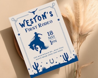 My First Rodeo Birthday Boy Cowboy 1st Rodeo Boy Editable Cowboy Birthday My First Rodeo First Birthday Boy Birthday Invitation Evite Invite