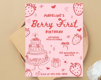 Berry First Birthday Hand Drawn Invite Berry 1st Birthday Invitation Berry Theme Strawberry Sweet One First Birthday Girl Birthday Doodle