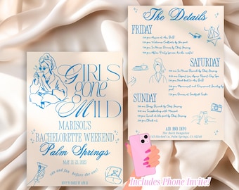 Girls Gone Mild Bachelorette Party Invitation & Itinerary Template Blue Hand Drawn Spa Pajama Slumber Party Bach Weekend Invite Girls Trip