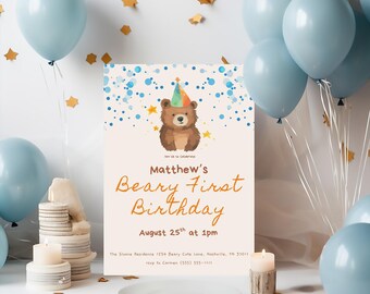 Beary First Birthday Boy Birthday Bear Invitation Bear Invite First Birthday Invite 1st Birthday Minimal Boy Birthday Invite Boy Invitation
