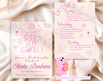 Girls Gone Mild Bachelorette Party Invitation & Itinerary Template Pink Hand Drawn Spa Pajama Slumber Party Bach Weekend Invite Girls Trip