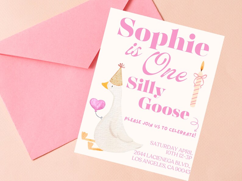 One Silly Goose Birthday Invitation Silly Goose Invite First Birthday Invite 1st Birthday Girl Birthday Evite Printable Editable Template