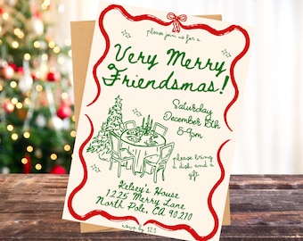 以下が含まれることがあります： クリーム色の招待状。赤と緑の文字とイラストが特徴です。「Very Merry Friendsmas!」と書かれており、日付、時間、場所など、休日の集まりの詳細が記載されています。クリスマスツリーのイラストが含まれています。