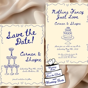 Hand Drawn Wedding Invitation Whimsical Wedding Invitation Set Save the Dates Wedding Suite Retro Wedding Illustrated Wedding Invitation