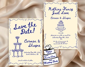 Hand Drawn Wedding Invitation Whimsical Wedding Invitation Set Save the Dates Wedding Suite Retro Wedding Illustrated Wedding Invitation