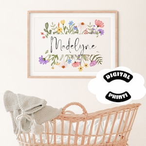 Baby Girl Nursery Wall Art Custom Nursery Art Print Flowers Floral Name Print Kids Room