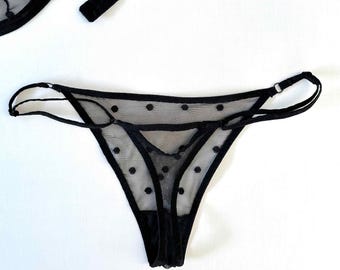SheerThong Panties From Black Polka Dot Mesh, Womens Lingerie