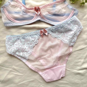 Roze transparante slip met blauwe kanten lage taille bikinislip dames