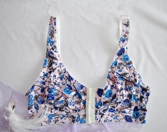 Ivory with blue print microfibre bralette, No bones.