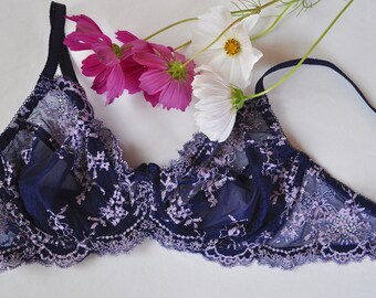 Navy with lilac flowers underwire bra 34A