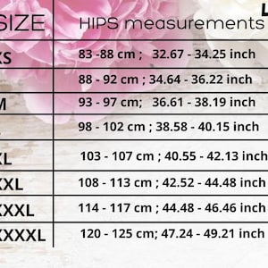 Op de afbeelding: Een maattabel met heupmaten in centimeters en inches. Maten vari&euml;ren van XS tot XXXXL, met bijbehorende afmetingen zoals 83-88 cm (32,67-34,25 inch) voor XS en 120-125 cm (47,24-49,21 inch) voor XXXXL.
