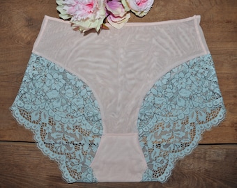 Sheer pale pink knickers with mint lace. Plus size panties.