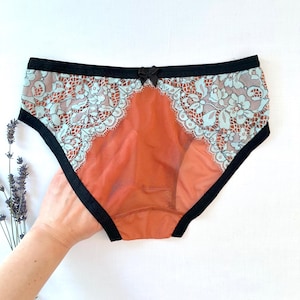 Sheer panty in Burnt orange mesh and Mint Lace