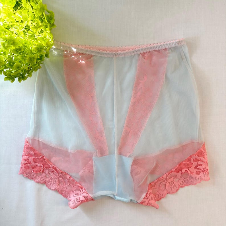 May include: Light blue underwear with pink lace accents. The underwear features a sheer design with pink lace panels and trim. The lace trim is along the leg openings and waistband. The garment is made of a soft, delicate fabric.