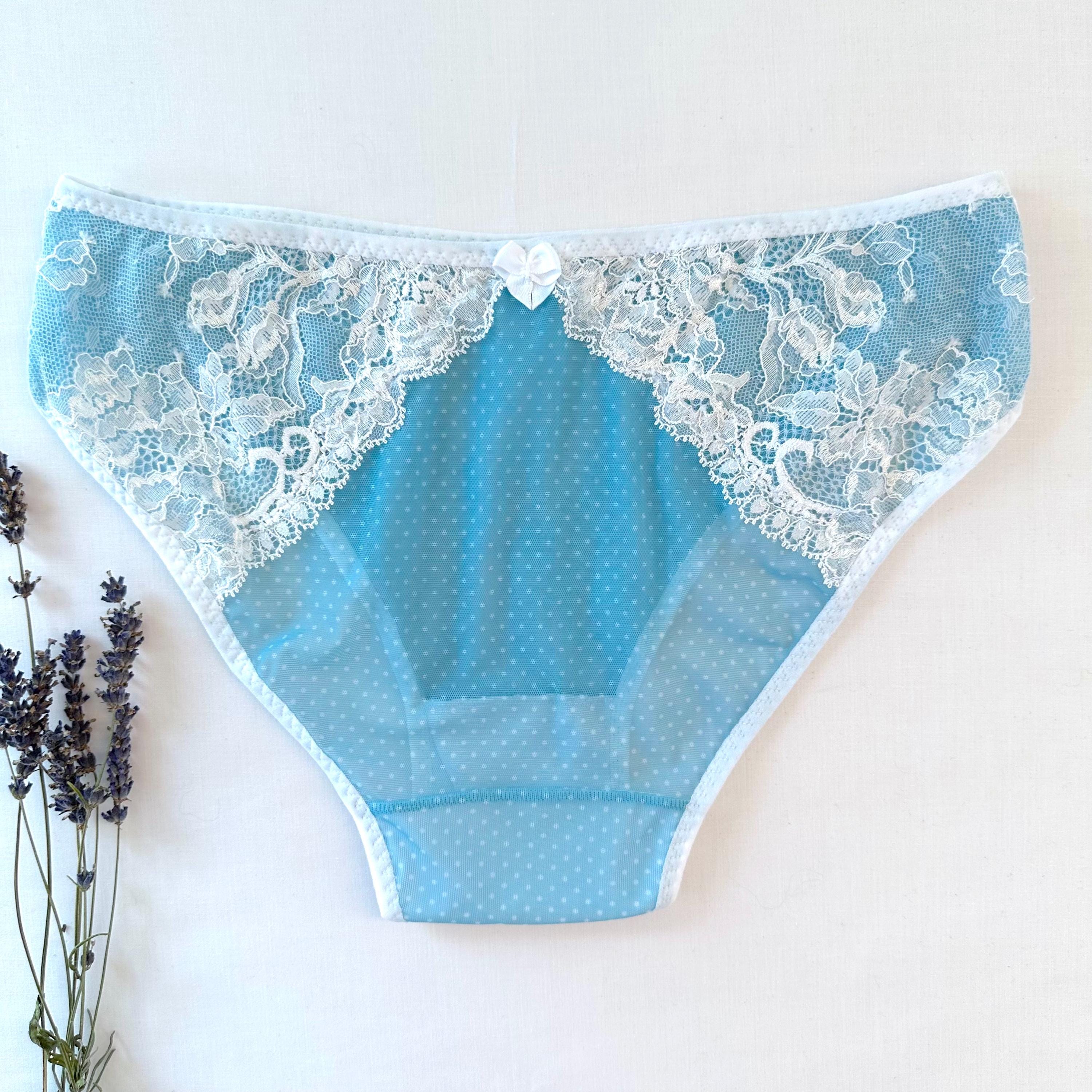 Sheer panty blue polka dots transparent bikini with lace.