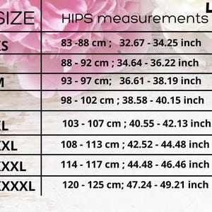 May include: A chart showing hip measurements in inches and centimeters for different clothing sizes: XS, S, M, L, XL, XXL, XXXL, XXXXL.