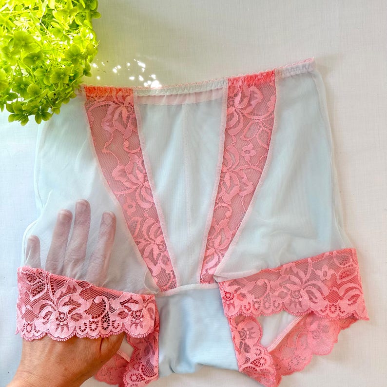 May include: Light blue lingerie with pink lace accents. The garment features a delicate floral lace design on the front and around the edges. The sheer fabric is light and airy, with a soft, feminine aesthetic.