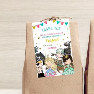 Princess and Pirate Tarjeta de agradecimiento, Princesses Pirates Thank you Favor Labels, Princess Pirate Birthday Favors, Princess Pirate Editable,