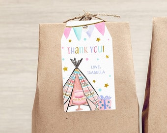 Editable Teepee Tags, Teepee Tags Instant Download, Teepee Party Favors, Sleepover Teepee Favors, Teepee Thank you Favors, Teepee Party,