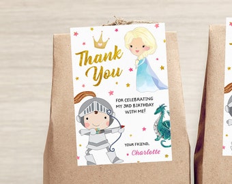 Princesses and Knights Party Favors, Princess Knight Printables, Princess Knight Editable Thank you Card, Princess Knight Editable Tags,