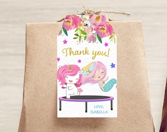 Etiquetas de regalo para fiesta de unicornio con trampolín (PDF y JPEG)