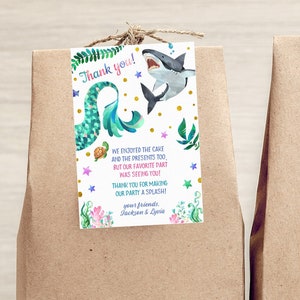 Meerjungfrau oder Hai gefälligkeiten, Meerjungfrau Hai editierbare Dankeschön-Karte, Meerjungfrau Hai Tags, Party Printables, Meerjungfrau Hai Etiketten, gemeinsame Tags,
