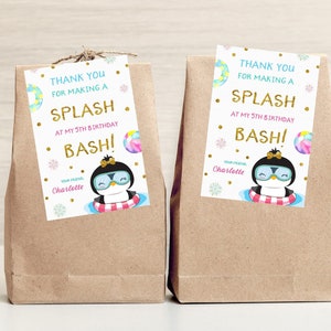Winter Pool Party Favors editables, Winter Pool Party Bash Printables, Penguin Pool Party Favors, Penguin Thank You Cards, Pool Thank you,