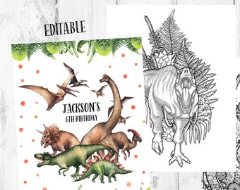 Editable Dinosaur Coloring Pages, Birthday Party Favors (Instant Download)