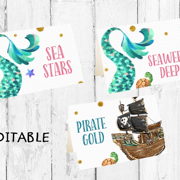 Mermaid Pirate Party Food Tents, Mermaid Pirate Party Food Labels, Mermaid Pirate Birthday Printables, Mermaid Pirate Decorations, Instant