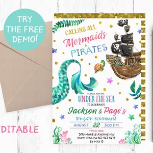 Editable Mermaids and Pirates Invitation, Calling all Mermaids Pirates, Mermaid Pirate Joint Birthday Party, Pirate Editable Template