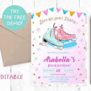 Editable Ice Skates Invitation, Ice Skating Invitation, Ice Skates Invitation Template, Skating Birthday Party, Skating Invitation Instant,
